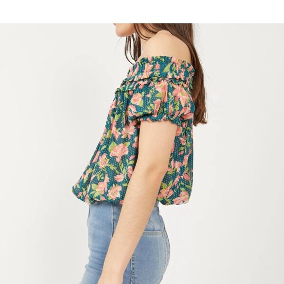 FREE PEOPLE Green Suki Floral Garden Combo Off the Shoulder Top Medium NEW - Picture 3 of 16